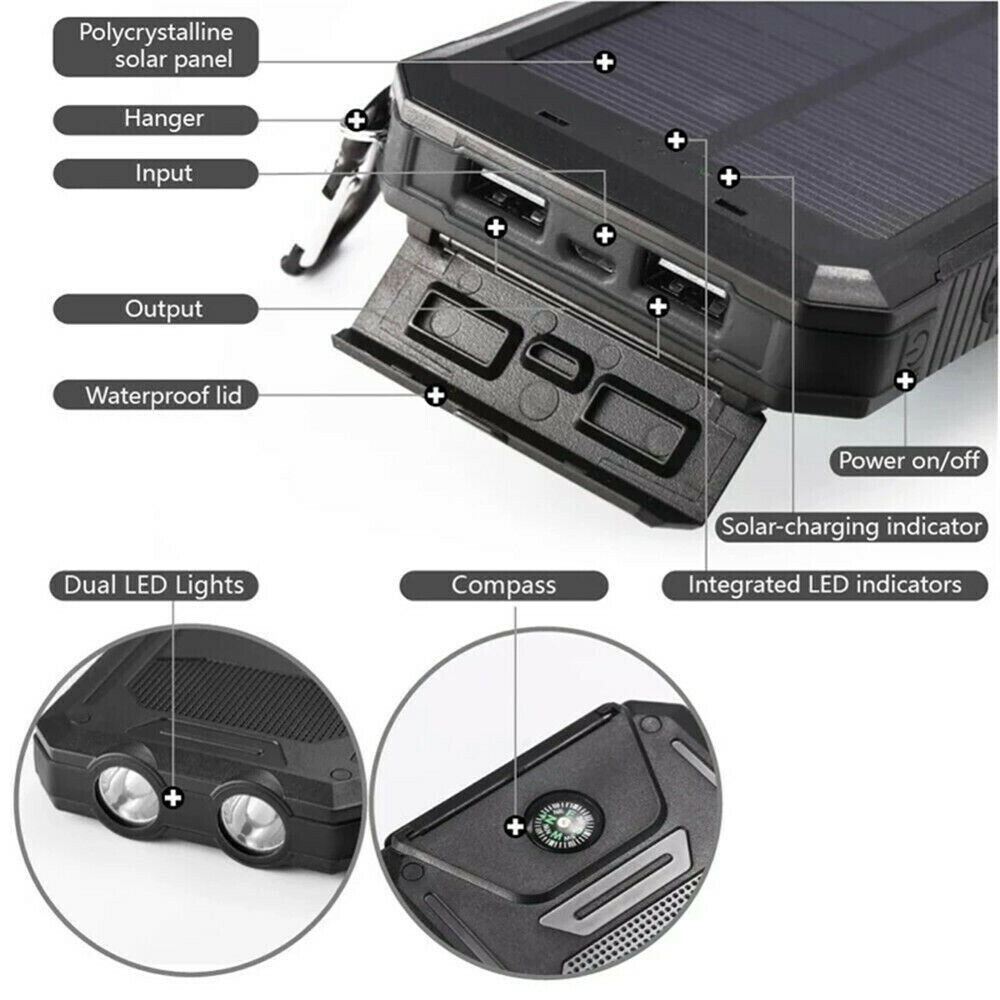 1O000000mAh Solar Power Bank Waterproof 2USB LED Battery Charger For Cell Phone