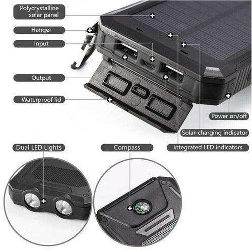 1O000000mAh Solar Power Bank Waterproof 2USB LED Battery Charger For Cell Phone