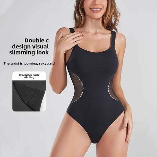 A woman in a one-piece shaping garment